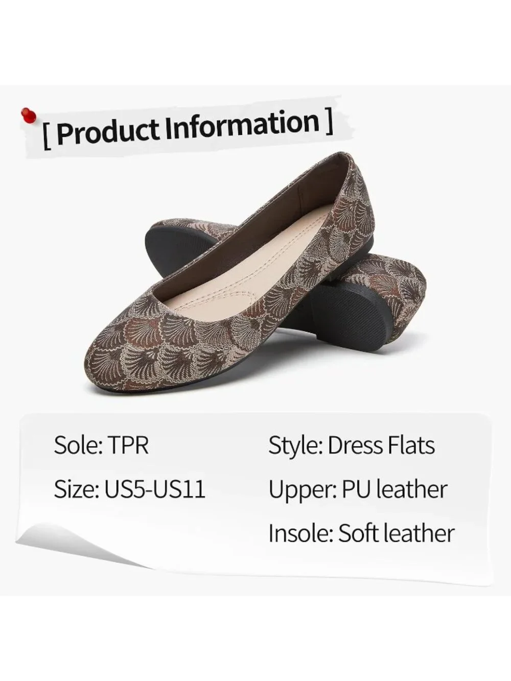 Women's Tan Pattern PU Leather Comfortable Ballet Flat Slip on Round Toe Shoes